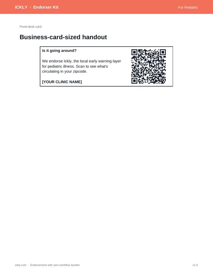 Sample Ickly pediatric front-desk card