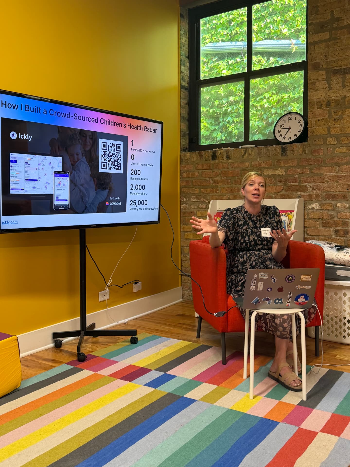 Ickly founder presenting a talk titled How I Built a Crowd-Sourced Children's Health Radar